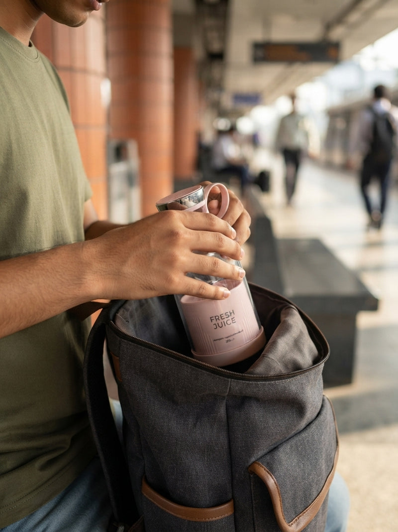 A person placing a portable mini blender into a backpack for a morning commute.